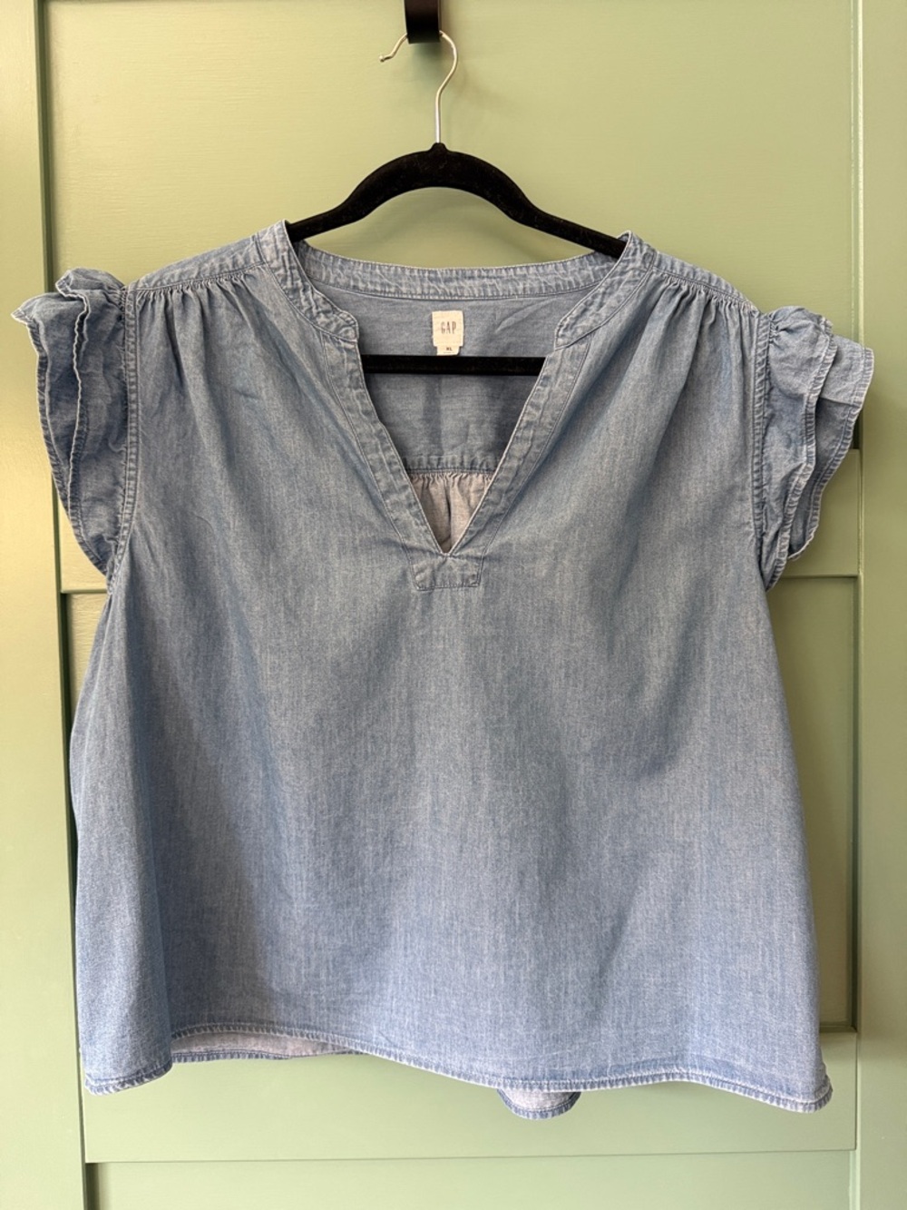 GAP Light Chambray Flutter Sleeve Blouse - Light Blue